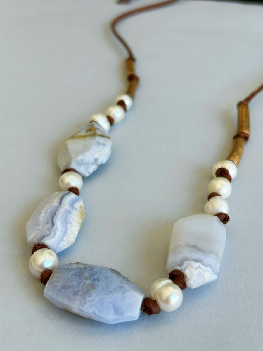 Blue Lace Agate and Pearl Necklace No 2